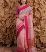 Baby Pink Jacquard Silk Blend Mangalagiri Woven Checkered Saree With Unstitched Blouse Piece
