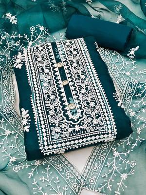 Leeza store women's teal organza all-over white thread embroidery unstitched kurta pant dupatta set dress material 1