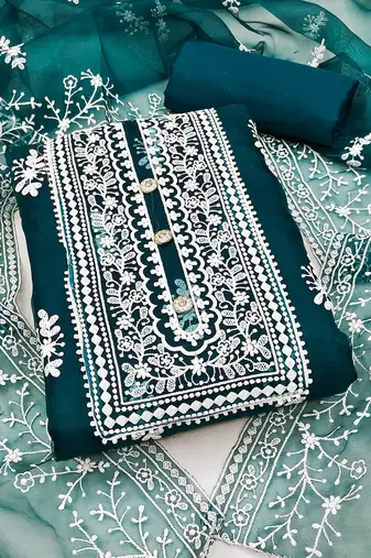 Leeza store women's teal organza all-over white thread embroidery unstitched kurta pant dupatta set dress material
