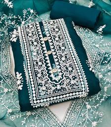 Leeza store women's teal organza all-over white thread embroidery unstitched kurta pant dupatta set dress material