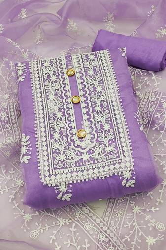 Leeza store women's purple organza all-over white thread embroidery unstitched kurta pant dupatta set dress material