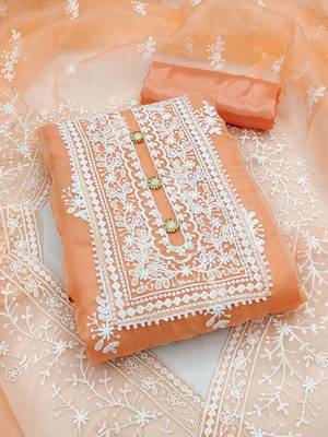 Leeza store women's peach organza all-over white thread embroidery unstitched kurta pant dupatta set dress material 1