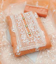 Leeza store women's peach organza all-over white thread embroidery unstitched kurta pant dupatta set dress material
