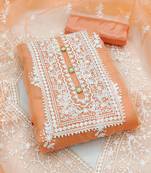 Leeza store women's peach organza all-over white thread embroidery unstitched kurta pant dupatta set dress material