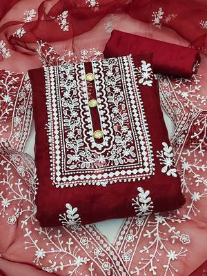 Leeza store women's red organza all-over white thread embroidery unstitched kurta pant dupatta set dress material 1