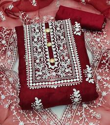 Leeza store women's red organza all-over white thread embroidery unstitched kurta pant dupatta set dress material
