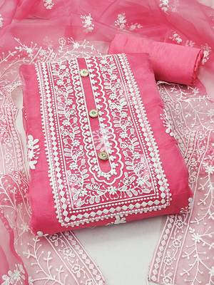 Leeza store women's pink organza all-over white thread embroidery unstitched kurta pant dupatta set dress material 1