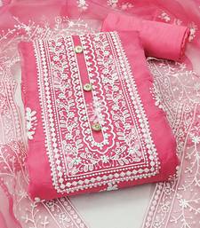 Leeza store women's pink organza all-over white thread embroidery unstitched kurta pant dupatta set dress material
