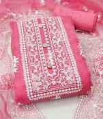 Leeza store women's pink organza all-over white thread embroidery unstitched kurta pant dupatta set dress material