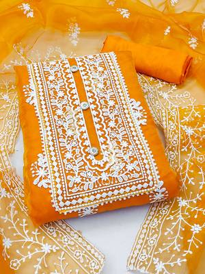 Leeza store women's orange organza all-over white thread embroidery unstitched kurta pant dupatta set dress material 1