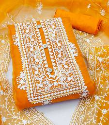 Leeza store women's orange organza all-over white thread embroidery unstitched kurta pant dupatta set dress material