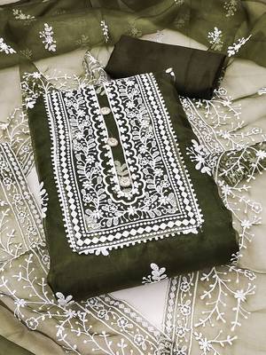 Olive green organza all-over white thread embroidery unstitched kurta pant dupatta set dress material 1