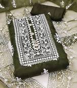 Olive green organza all-over white thread embroidery unstitched kurta pant dupatta set dress material