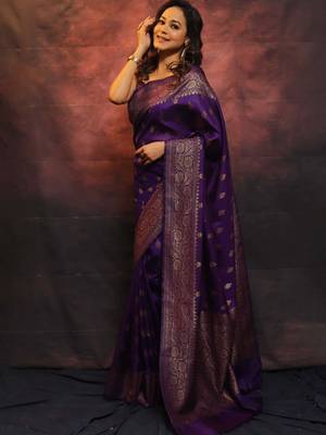 Purple Silk Blend Banarasi Woven Wedding Saree for Women 1