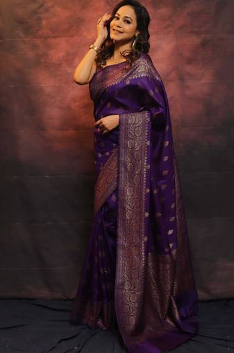 Purple Silk Blend Banarasi Woven Wedding Saree for Women