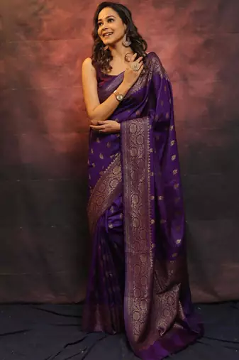Purple Silk Blend Banarasi Woven Wedding Saree for Women