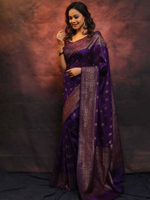 Purple Silk Blend Banarasi Woven Wedding Saree for Women 4