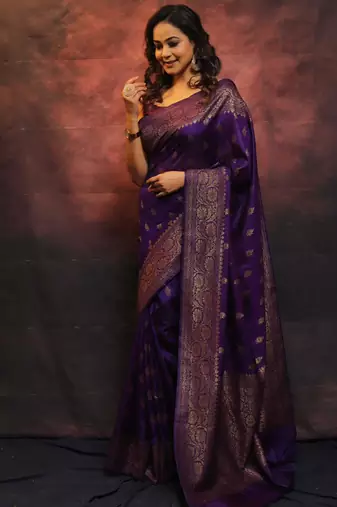 Purple Silk Blend Banarasi Woven Wedding Saree for Women