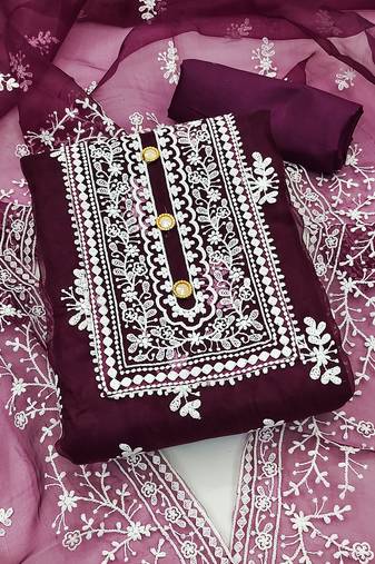 Leeza store women's magenta organza all-over white thread embroidery unstitched kurta pant dupatta set dress material
