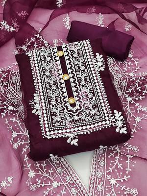 Leeza store women's magenta organza all-over white thread embroidery unstitched kurta pant dupatta set dress material 1