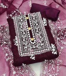 Leeza store women's magenta organza all-over white thread embroidery unstitched kurta pant dupatta set dress material