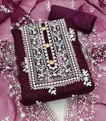 Leeza store women's magenta organza all-over white thread embroidery unstitched kurta pant dupatta set dress material