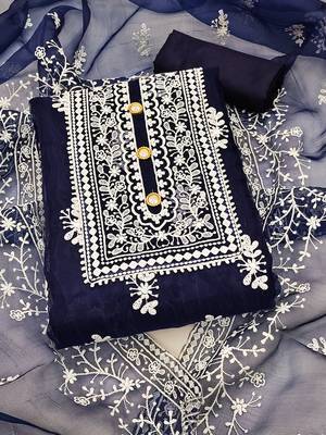 Leeza store women's navy blue organza all-over white thread embroidery unstitched kurta pant dupatta set dress material 1