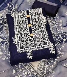 Leeza store women's navy blue organza all-over white thread embroidery unstitched kurta pant dupatta set dress material