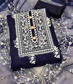 Leeza store women's navy blue organza all-over white thread embroidery unstitched kurta pant dupatta set dress material