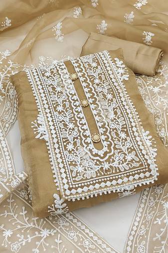 Leeza store women's beige organza all-over white thread embroidery unstitched kurta pant dupatta set dress material