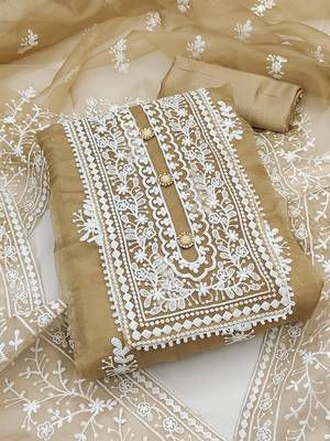 Leeza store women's beige organza all-over white thread embroidery unstitched kurta pant dupatta set dress material 1