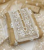 Leeza store women's beige organza all-over white thread embroidery unstitched kurta pant dupatta set dress material