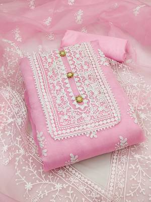 Leeza store women's light pink organza all-over white thread embroidery unstitched kurta pant dupatta set dress material 1