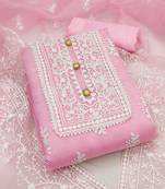 Leeza store women's light pink organza all-over white thread embroidery unstitched kurta pant dupatta set dress material