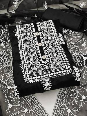 Leeza store women's black organza all-over white thread embroidery unstitched kurta pant dupatta set dress material 1