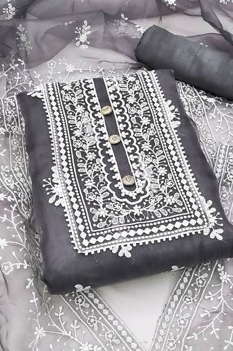Leeza store women's grey organza all-over white thread embroidery unstitched kurta pant dupatta set dress material