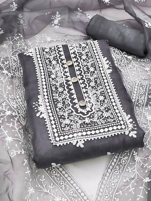 Leeza store women's grey organza all-over white thread embroidery unstitched kurta pant dupatta set dress material 1