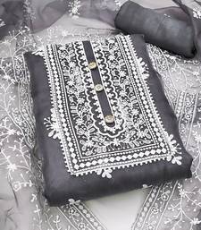 Leeza store women's grey organza all-over white thread embroidery unstitched kurta pant dupatta set dress material