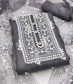 Leeza store women's grey organza all-over white thread embroidery unstitched kurta pant dupatta set dress material