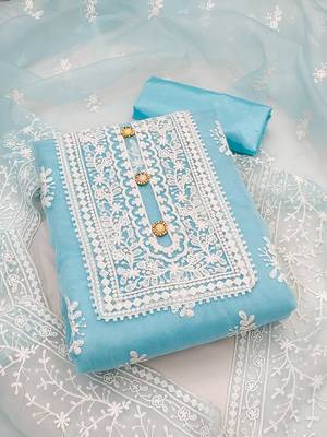 Leeza store women's light blue organza all-over white thread embroidery unstitched kurta pant dupatta set dress material 1