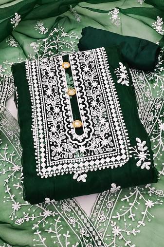 Leeza store women's dark green organza all-over white thread embroidery unstitched kurta pant dupatta set dress material