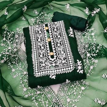 Leeza store women's dark green organza all-over white thread embroidery unstitched kurta pant dupatta set dress material 1