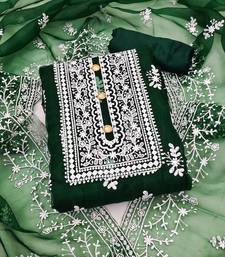 Leeza store women's dark green organza all-over white thread embroidery unstitched kurta pant dupatta set dress material