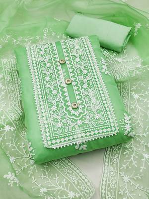 Light green organza all-over white thread embroidery unstitched kurta pant dupatta set dress material 1