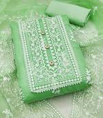 Light green organza all-over white thread embroidery unstitched kurta pant dupatta set dress material