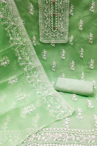 Light green organza all-over white thread embroidery unstitched kurta pant dupatta set dress material