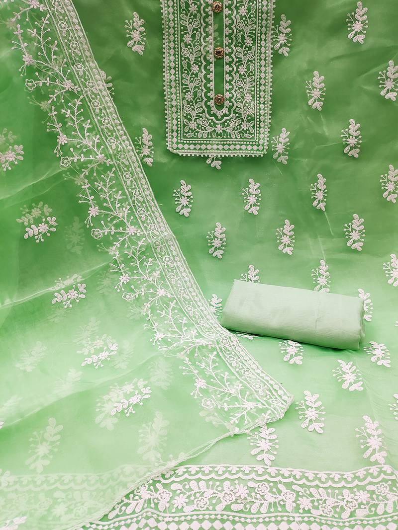 Light green organza all-over white thread embroidery unstitched kurta pant dupatta set dress material