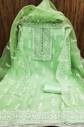 Light green organza all-over white thread embroidery unstitched kurta pant dupatta set dress material