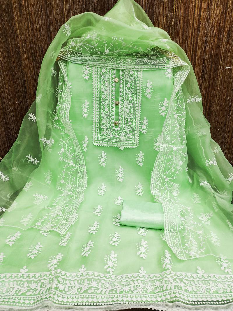 Light green organza all-over white thread embroidery unstitched kurta pant dupatta set dress material