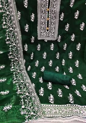 Leeza store women's dark green organza all-over white thread embroidery unstitched kurta pant dupatta set dress material 2